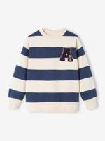Groot gestreept jongenssweatshirt met badge in bouclé nachtblauw - thumbnail