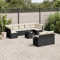 10-delige Loungeset met kussens poly rattan zwart - thumbnail