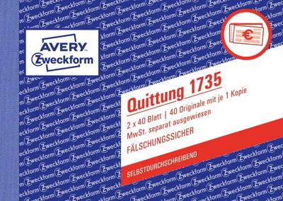 Avery-Zweckform 1735 Kwitantieformulier DIN A6 liggend Aantal paginas: 40 Wit 80 vellen Avery-Zweckform 1735 Kwitantieformulier DIN A6 liggend Aantal paginas: 40 Wit 80 vellen