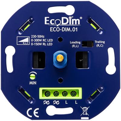 EcoDim - LED Dimmer - ECO-DIM.01 - Fase Aan- en Afsnijding RLC - Inbouw - Enkel Knop - 0-300W