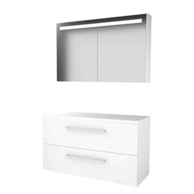 Basic-Line Premium 46 Badkamermeubelset - 120 x 46 cm - Met Grepen - 2 Lades - Wastafelblad - Spiegelkast met LED Verlichting - Ice White