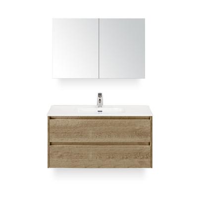 Dante Badmeubelset 100 cm - Natuur Eiken - Keramische Wastafel Wit Cover - met Spiegelkast