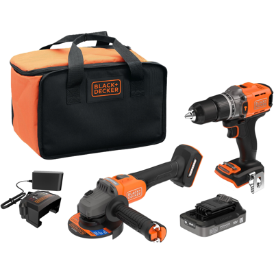 BLACK+DECKER KIT: 18V schroefklopboor en Brushless haakse slijper met 1x18V 2,5Ah accu en accessoire - BCK24E1SB-QW