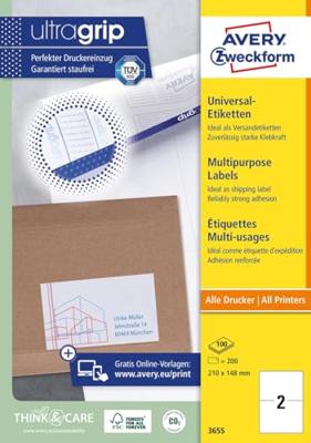 Avery-Zweckform 3655 Universele etiketten 210 x 148 mm Papier Wit 200 stuk(s) Permanent hechtend Inkjet, Laser (zwart/wit), Laser (kleur), Kopiëren