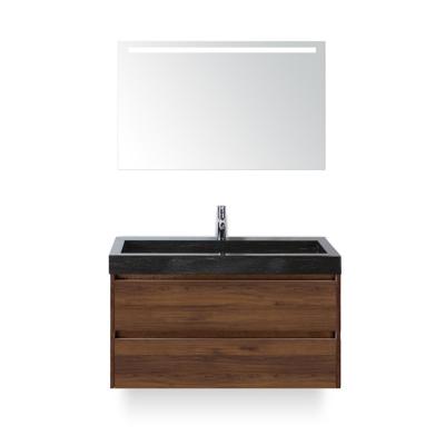 Dante Badmeubelset 100 cm - Walnoot - Wastafel Hardsteen Wit Lucca - met Sence Spiegel