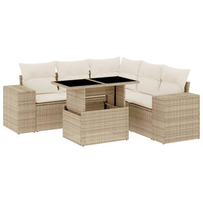 6-delige Loungeset met kussens poly rattan beige