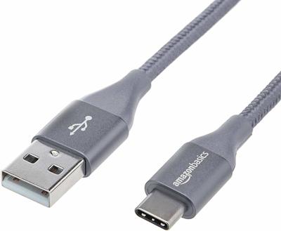 Amazon Basics Snellaadkabel, USB-C naar USB-A 2.0, omwikkeld met nylon vlecht, 480 MBit/s, USB-IF-gecertificeerd, voor Apple iPhone 15, iPad, Samsung Galaxy, tablets, laptops, 1,8 m, donkergrijs