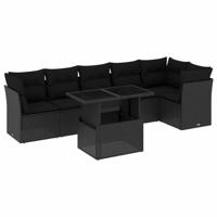 7-delige Loungeset met kussens poly rattan zwart - thumbnail