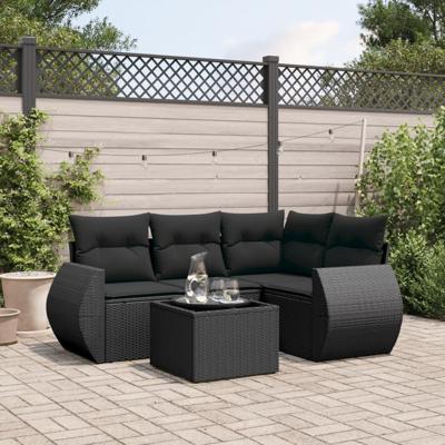 5-delige Loungeset met kussens poly rattan zwart - thumbnail