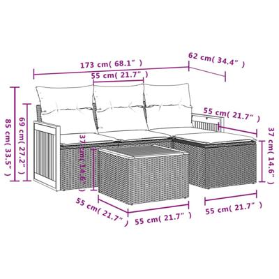 5-delige Loungeset met kussens poly rattan zwart - thumbnail
