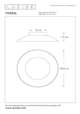 Lucide FOSKAL - Plafonnière - Ø 34,5 cm - LED - 1x12W 2700K - Wit
