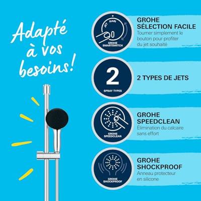 Set doccia con soffione a 2 getti, asta da 60 cm e flessibile - GROHE Vitalio Start 110 26951001 - Risparmio idrico - Cromo