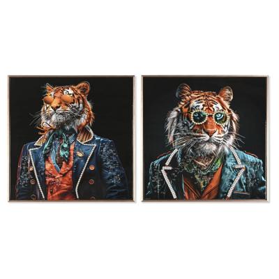 Schilderij Home ESPRIT Zwart Turkoois Tijger Coating 60 x 3,5 x 60 cm (2 Stuks)