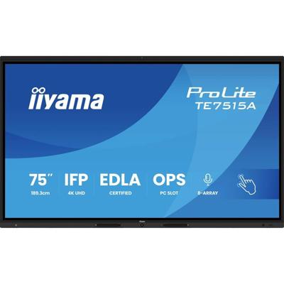 iiyama ProLite TE7515A-B1AG 189,3 cm 75 inch IPS LED interactief display 4K UHD 40 touchpunten DeepContrast-IR HDMI DP USB-C USB3.2 RS-232c RJ45 OPS WiFi Android 14 OS Google EDLA iiControl AntiGlare