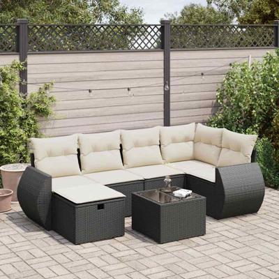 7-delige Loungeset met kussens poly rattan zwart