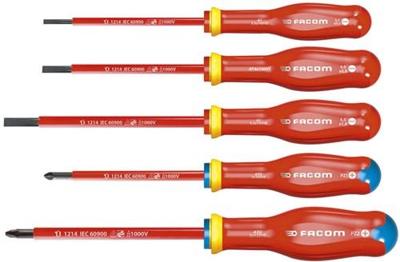Facom set van 5 1000V schroevendraaiers met extra dun bled: sleuf en PZ - ATD.J5TVEPB Facom set van 5 1000V schroevendraaiers met extra dun bled: sleuf en PZ - ATD.J5TVEPB