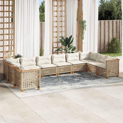 10-delige Loungeset met kussens poly rattan beige