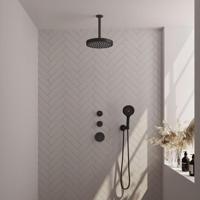 Brauer Stripe thermostatische inbouw regendouche SET 03 met 25 cm douchekop en plafondarm en staaf handdouche en doucheslang en wandaansluitbocht mat zwart - thumbnail
