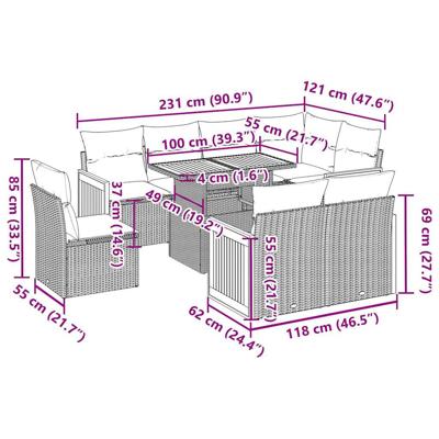 9-delige Loungeset met kussens poly rattan acacia zwart