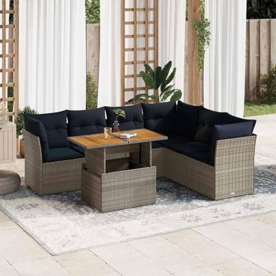 7-delige Loungeset met kussens poly rattan grijs