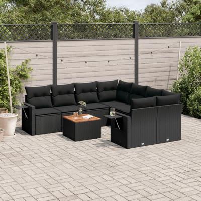 9-delige Loungeset met kussens poly rattan zwart