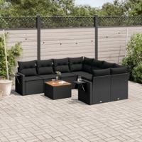 9-delige Loungeset met kussens poly rattan zwart - thumbnail