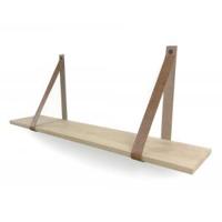 Eiken 18mm wandplank recht 110 x 20 cm inclusief leren riemen cognac - thumbnail