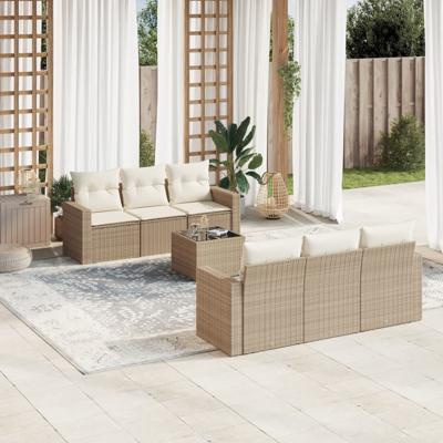 7-delige Loungeset met kussens poly rattan beige - thumbnail