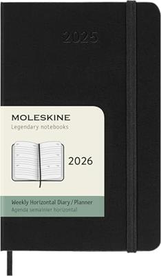Moleskine 12 Monate Wochenkalender 2026, Pocket/A6, 1 Wo = 2 Seiten, horizontal, fester Einband, Schwarz