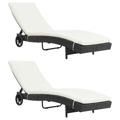 Ligbedden 2 st met wielen en kussens poly rattan zwart - thumbnail