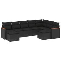 9-delige Loungeset met kussens poly rattan zwart - thumbnail