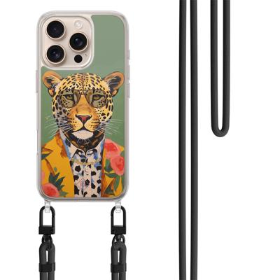 iPhone 16 Pro hoesje met zwart koord - Luipaard hipster iPhone 16 Pro hoesje met zwart koord - Luipaard hipster