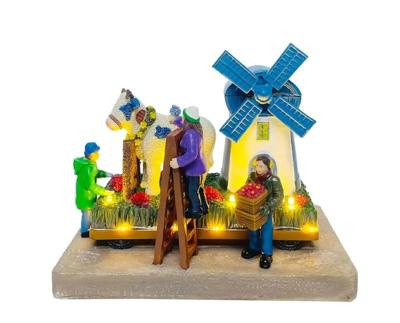 Flower Parade with Cow at the Mill with LED polyresin 19cm Santaville - Santaville