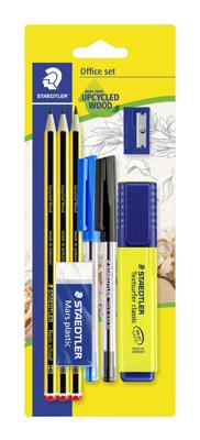 Schrijfset Staedtler inhoud 3 Noris potloden HB - 2 balpennen, markeerstift, gum en slijper 8 stuks