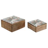 Doos-Juwelenkistje Home ESPRIT Groen Oranje Mangohout 18 x 18 x 9 cm (2 Onderdelen) - thumbnail