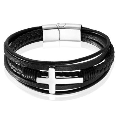 Mendes Jewelry Roestvrijstalen en Echt Lederen Heren Armband met Groot Kruis in Zwart en Zilver-19cm