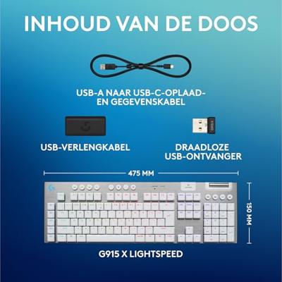 Logitech G G915 X LIGHTSPEED Low-Profile Wireless Gaming Keyboard, Double-Shot PBT Keycaps, volledig programmeerbare toetsen, RGB-achtergrondverlichting, GL Brown Tactile, US INT'L QWERTY - Wit
