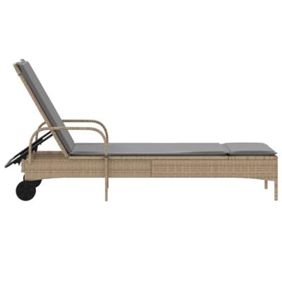 Ligbed met wielen en kussen poly rattan beige - thumbnail