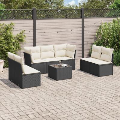 7-delige Loungeset met kussens poly rattan zwart - thumbnail