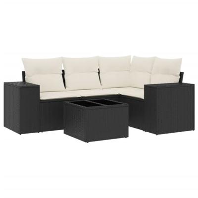 5-delige Loungeset met kussens poly rattan zwart