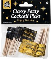 Classy Cocktail Prikkers Happy Birthday Zwart/Goud (50st) - thumbnail