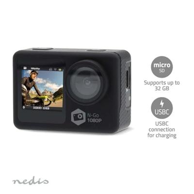 Action Cam | Dubbel scherm | 1080p@30fps | 12 MPixel | Waterbestendig tot: 30.0 m | 70 min | Wi-Fi | App beschikbaar voor: Android™ / IOS | Mounts inbegrepen | Zwart - thumbnail