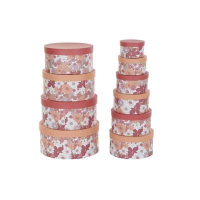 Set van opstapelbare opbergboxen DKD Home Decor Blommor Strepen Fuchsia Wit Perzik Karton (37,5 x 37,5 x 18 cm)