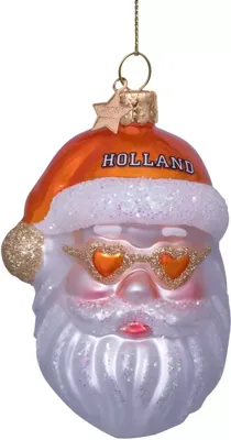 Vondels glazen kerstbal kerstman nederlands elftal met hartjesbril 10cm oranje