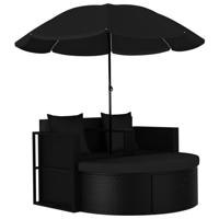Tuinbed met parasol poly rattan zwart - thumbnail