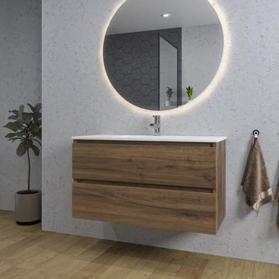 Adema Chaci Badkamermeubelset - 100x46x57cm - 1 keramische wasbak wit - 1 kraangat - 2 lades - ronde spiegel met verlichting - noten (hout) SW1212772/SW804532/SW161922 Adema Chaci Badkamermeubelset - 100x46x57cm - 1 keramische wasbak wit - 1 kraangat - 2 lades - ronde spiegel met verlichting - noten (hout) SW1212772/SW804532/SW161922