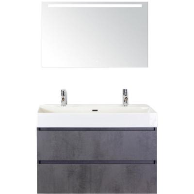 Maxx XL Badmeubelset 100 cm - Beton Antraciet - Wastafel Kube 2 Kraangaten met Sence Spiegel