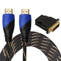5m HDMI 1.4 Version 1080P Woven Net Line Blue Black Head HDMI Male to HDMI Male Audio Video Connector Adapter Cable with DVI Adapter Set - thumbnail