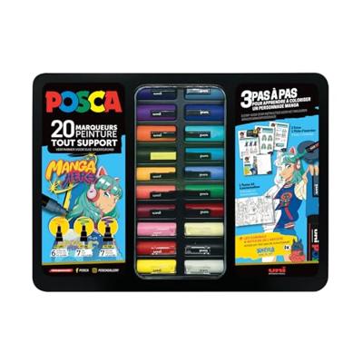 Posca paintmarkers, metalen doos van 20 stuks, assorti, ontwerp Manga