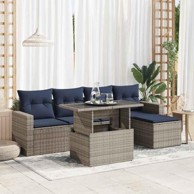 6-delige Loungeset met kussens poly rattan acacia grijs